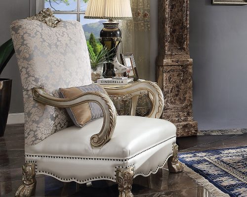 Acme Dresden II Pearl Synthetic Leather/Fabric & Gold Patina Chair with Pillow