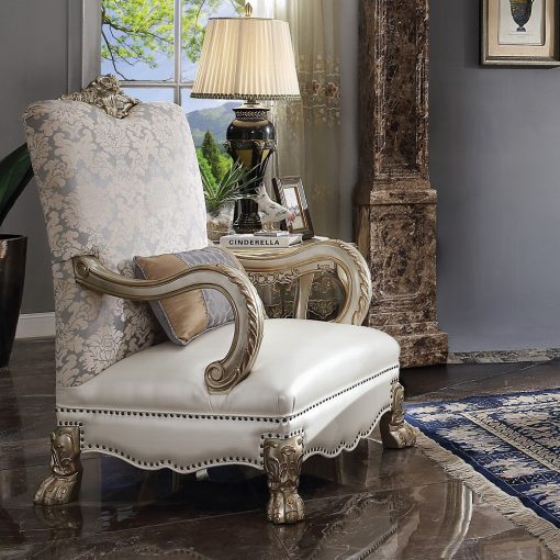 Acme Dresden II Pearl Synthetic Leather/Fabric & Gold Patina Chair with Pillow