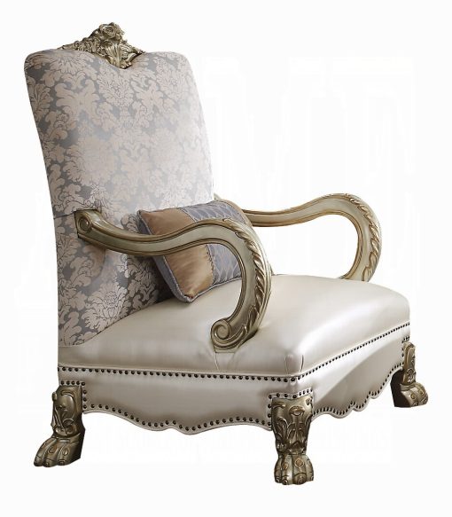 Acme Dresden II Pearl Synthetic Leather/Fabric & Gold Patina Chair with Pillow - Image 2
