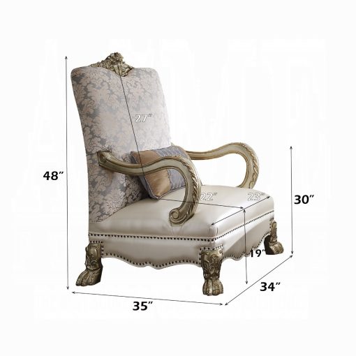 Acme Dresden II Pearl Synthetic Leather/Fabric & Gold Patina Chair with Pillow - Image 3