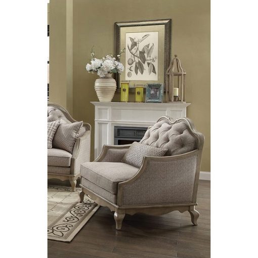 Acme Chelmsford Beige Fabric & Antique Taupe Chair with Pillow