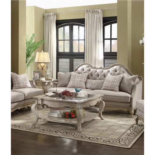 Acme Chelmsford Beige Fabric & Antique Taupe Sofa with 5 Pillows