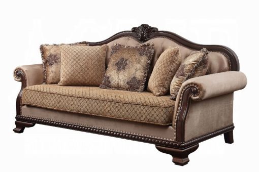 Acme Chateau De Ville Fabric & Espresso Sofa with 5 Pillows