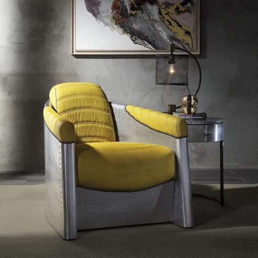 Acme Brancaster Yellow Top Grain Leather & Aluminum Accent Chair