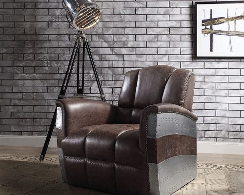 Acme Brancaster Retro Brown Top Grain Leather & Aluminum Accent Chair