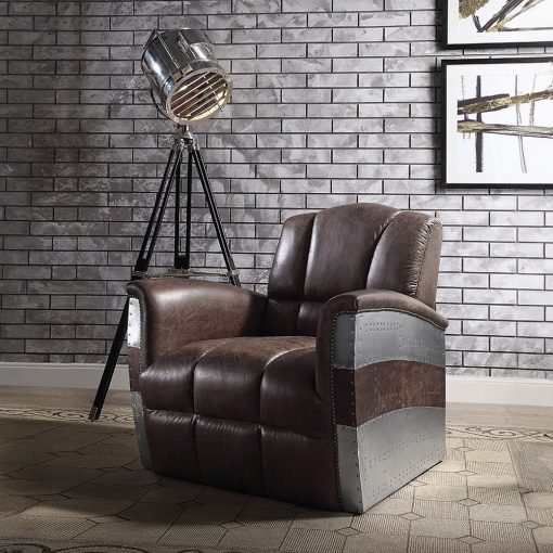 Acme Brancaster Retro Brown Top Grain Leather & Aluminum Accent Chair
