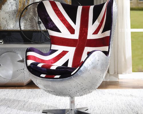 Acme Brancaster Pattern Fabric & Aluminum British Flag Accent Chair with Swivel