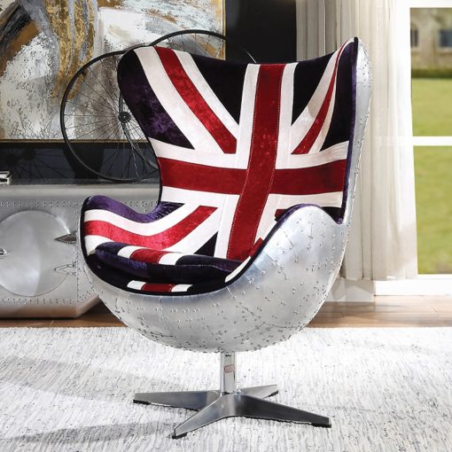 Acme Brancaster Pattern Fabric & Aluminum British Flag Accent Chair with Swivel