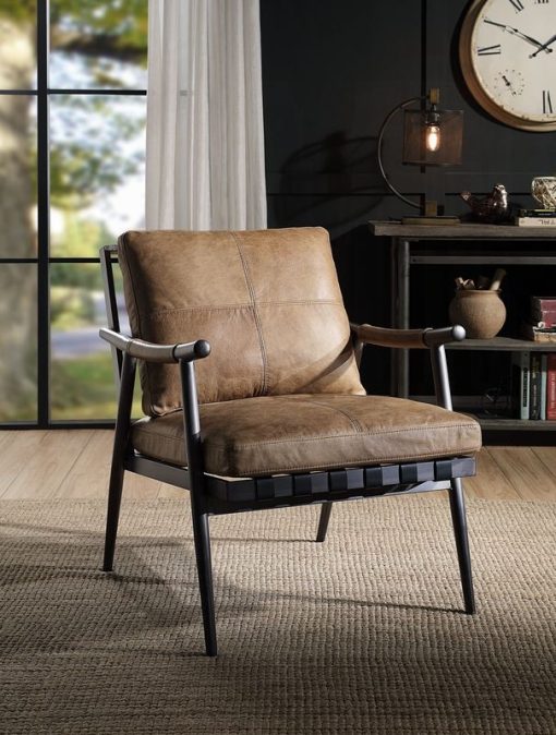 Acme Anzan Berham Chestnut Top Grain Leather & Matt Iron Accent Chair