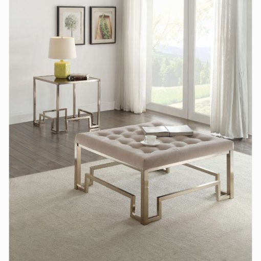Acme Damien Beige Fabric & Champagne Cocktail Ottoman