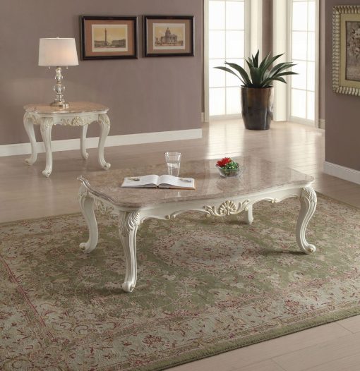 Acme Chantelle Marble Top & Pearl White Coffee Table with Marble Top