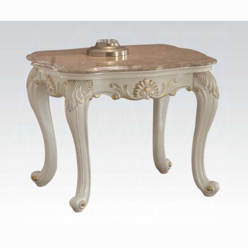 Acme Chantelle Marble Top & Pearl White End Table with Marble Top