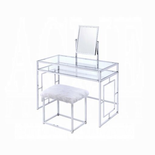 Acme Carenze II White Faux Fur & Chrome Vanity Set - Image 2