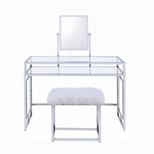 Acme Carenze II White Faux Fur & Chrome Vanity Set - Image 3