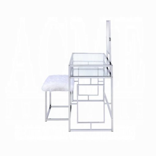 Acme Carenze II White Faux Fur & Chrome Vanity Set - Image 4