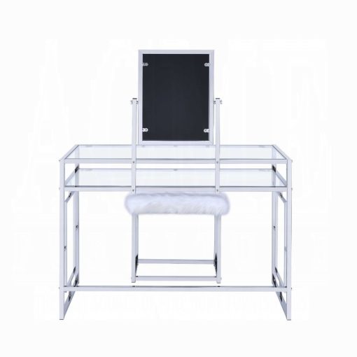 Acme Carenze II White Faux Fur & Chrome Vanity Set - Image 5
