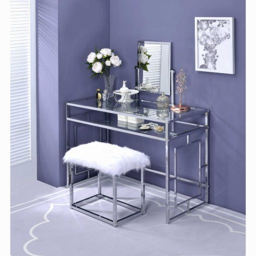 Acme Carenze II White Faux Fur & Chrome Vanity Set