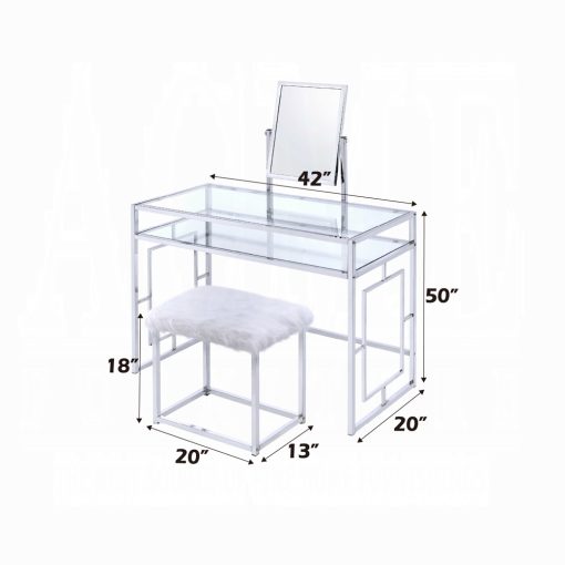 Acme Carenze II White Faux Fur & Chrome Vanity Set - Image 8