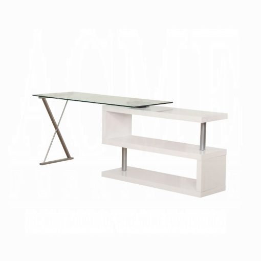 Acme Buck Clear Glass Top & White High Gloss Writing Desk with Swivel - Image 2