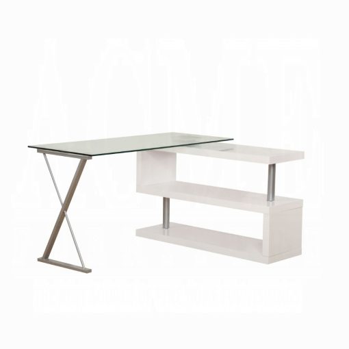 Acme Buck Clear Glass Top & White High Gloss Writing Desk with Swivel - Image 3