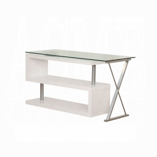 Acme Buck Clear Glass Top & White High Gloss Writing Desk with Swivel - Image 4