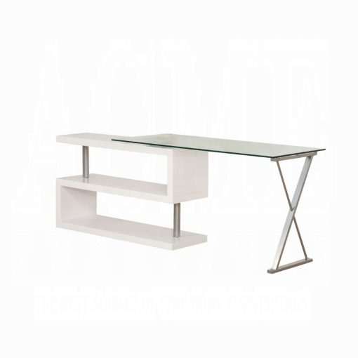 Acme Buck Clear Glass Top & White High Gloss Writing Desk with Swivel - Image 5