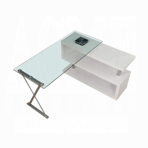 Acme Buck Clear Glass Top & White High Gloss Writing Desk with Swivel - Image 6