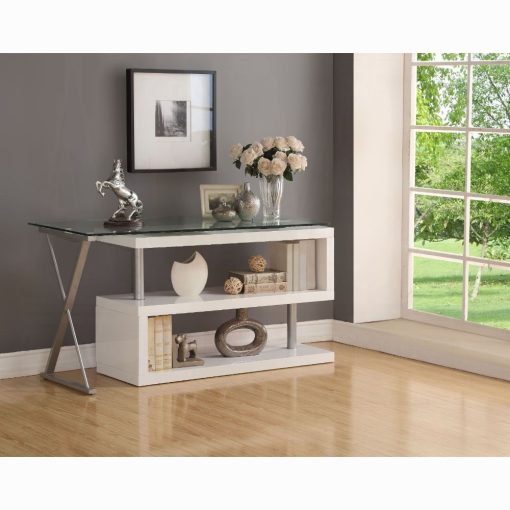 Acme Buck Clear Glass Top & White High Gloss Writing Desk with Swivel
