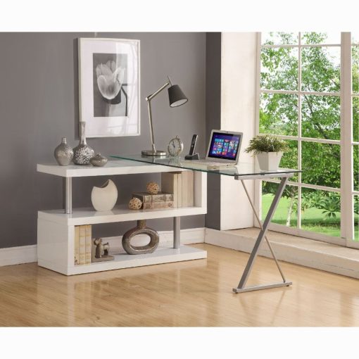 Acme Buck Clear Glass Top & White High Gloss Writing Desk with Swivel - Image 7