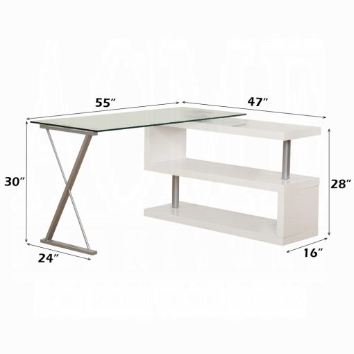 Acme Buck Clear Glass Top & White High Gloss Writing Desk with Swivel - Image 8
