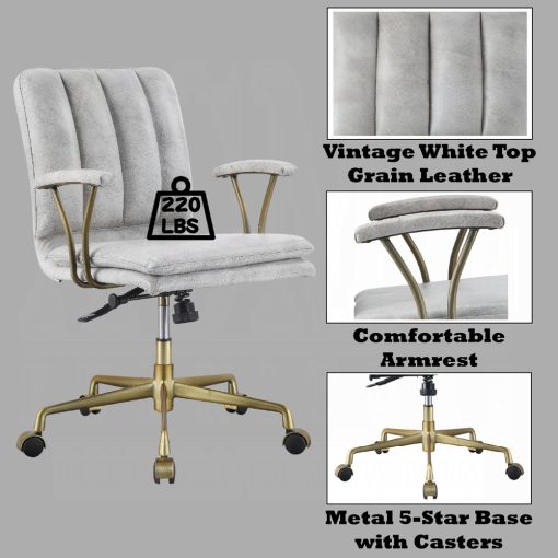Acme Damir Vintage White Top Grain Leather & Chrome Office Chair - Image 7