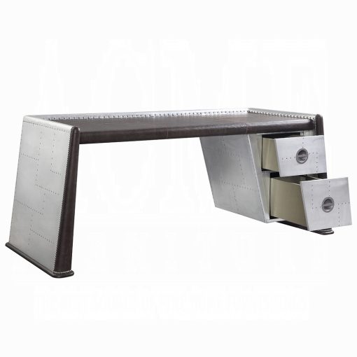 Acme Brancaster Distress Chocolate Top Grain Leather & Aluminum Executive Writing Desk - Image 4