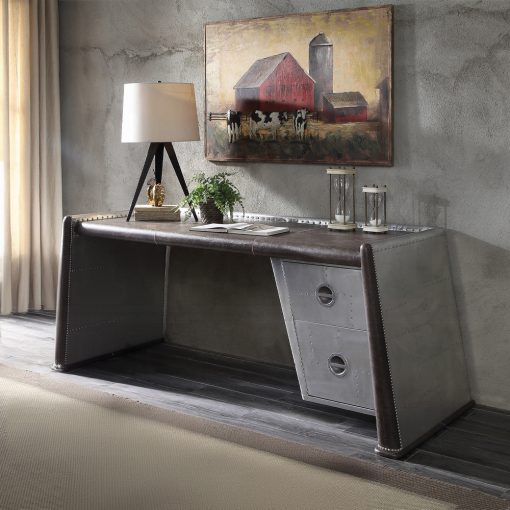 Acme Brancaster Distress Chocolate Top Grain Leather & Aluminum Executive Writing Desk