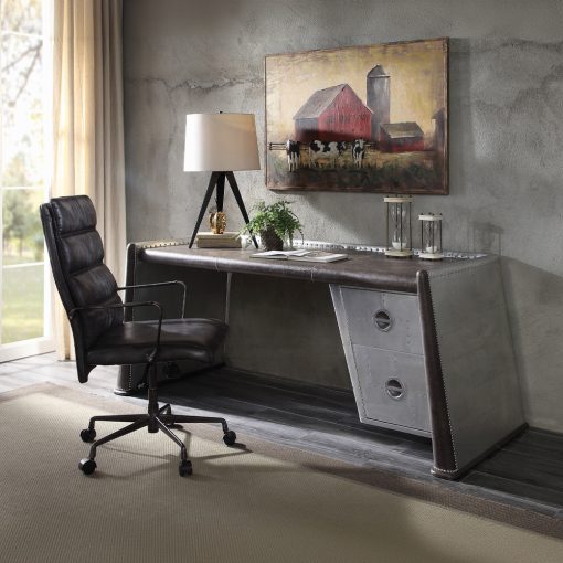 Acme Brancaster Distress Chocolate Top Grain Leather & Aluminum Executive Writing Desk - Image 7