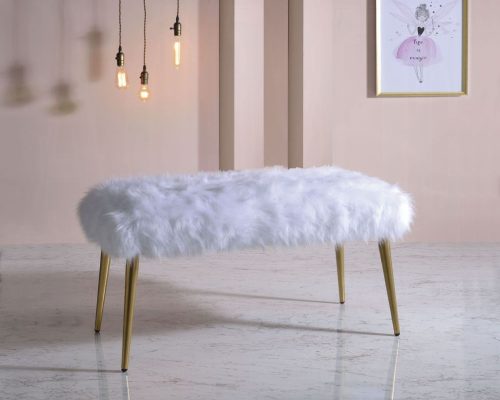 Acme Bagley II White Faux Fur & Gold Metal Tapered Leg Bench