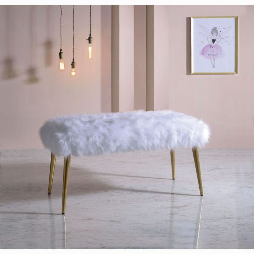 Acme Bagley II White Faux Fur & Gold Metal Tapered Leg Bench