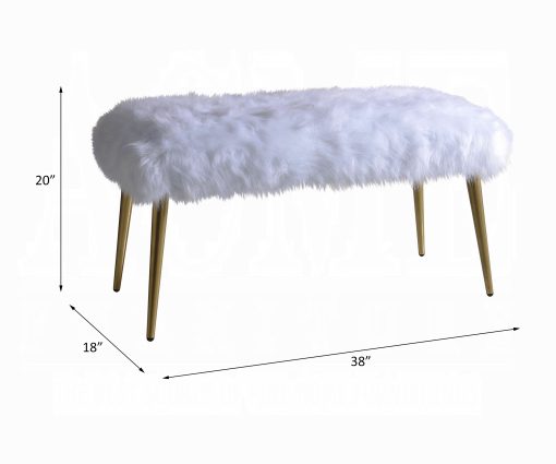 Acme Bagley II White Faux Fur & Gold Metal Tapered Leg Bench - Image 3