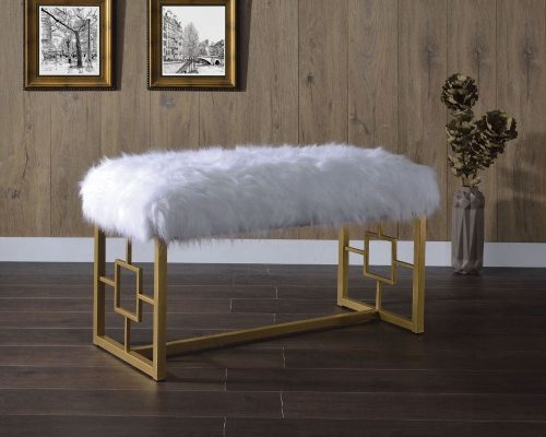 Acme Bagley II White Faux Fur & Gold Metal Sled Bench