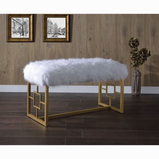 Acme Bagley II White Faux Fur & Gold Metal Sled Bench