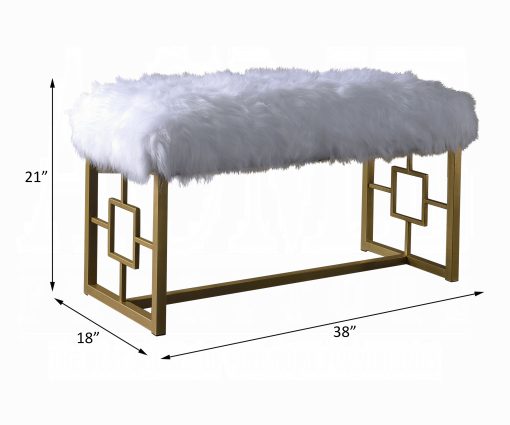 Acme Bagley II White Faux Fur & Gold Metal Sled Bench - Image 3