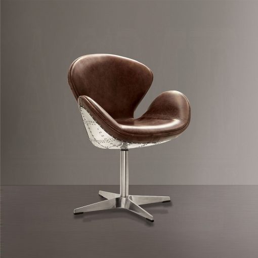 Acme Brancaster Retro Brown Top Grain Leather & Aluminum Curved Lines Accent Chair with Swivel