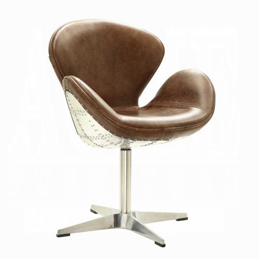 Acme Brancaster Retro Brown Top Grain Leather & Aluminum Curved Lines Accent Chair with Swivel - Image 2