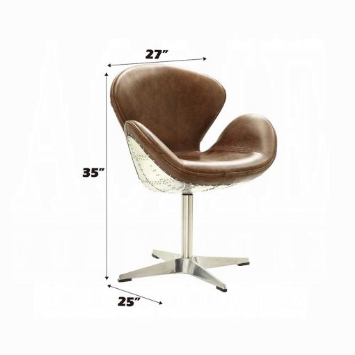 Acme Brancaster Retro Brown Top Grain Leather & Aluminum Curved Lines Accent Chair with Swivel - Image 3