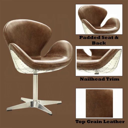 Acme Brancaster Retro Brown Top Grain Leather & Aluminum Curved Lines Accent Chair with Swivel - Image 4