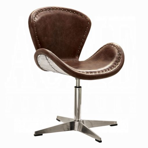 Acme Brancaster Retro Brown Top Grain Leather & Aluminum Accent Chair with Swivel - Image 2