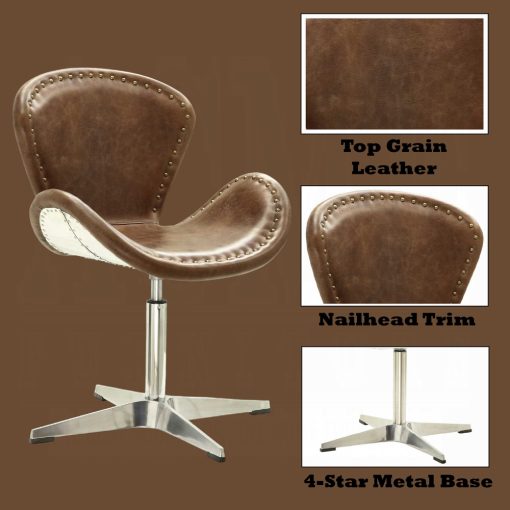 Acme Brancaster Retro Brown Top Grain Leather & Aluminum Accent Chair with Swivel - Image 4