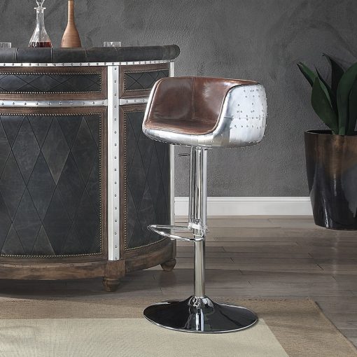 Acme Brancaster Vintage Brown Top Grain Leather & Aluminum Smooth Lines Adjustable Stool with Swivel