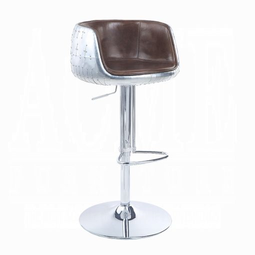 Acme Brancaster Vintage Brown Top Grain Leather & Aluminum Smooth Lines Adjustable Stool with Swivel - Image 2