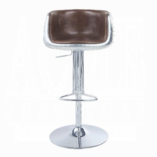 Acme Brancaster Vintage Brown Top Grain Leather & Aluminum Smooth Lines Adjustable Stool with Swivel - Image 3
