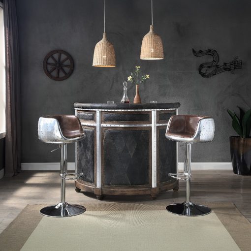 Acme Brancaster Vintage Brown Top Grain Leather & Aluminum Smooth Lines Adjustable Stool with Swivel - Image 6